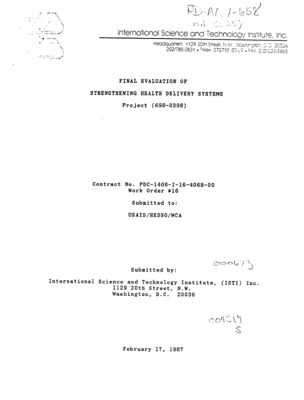Final evaluation of strengthening health delivery systems project (698-0398)