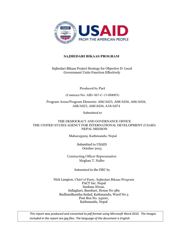 Sajhedari Bikaas Project Strategy for Objective D: Local Government Units Function Effectively