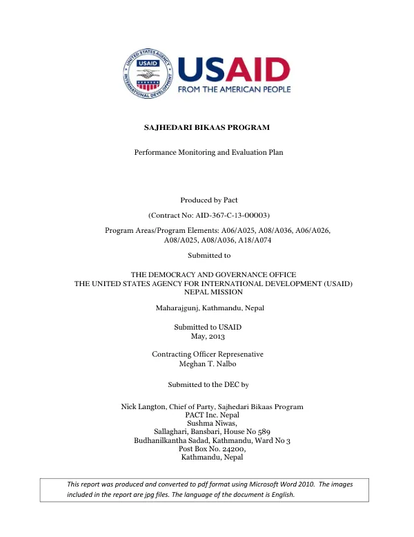 SAJHEDARI BIKAAS PROGRAM Performance Monitoring and Evaluation Plan