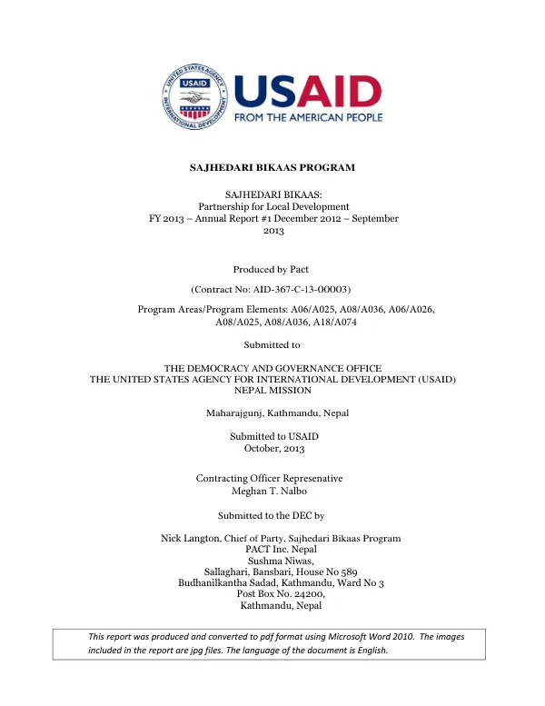 SAJHEDARI BIKAAS: Partnership for Local Development FY 2013 – Annual Report #1 December 2012 – September 2013