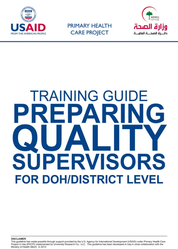 Training Guide for Preparing Quality Supervisors for DOH/District Level