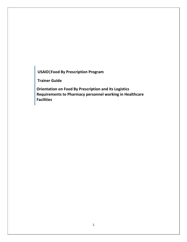 Trainer Guide: Orientation on Food By Prescription and its Logistics Requirements to Pharmacy personnel working in Healthcare Facilities