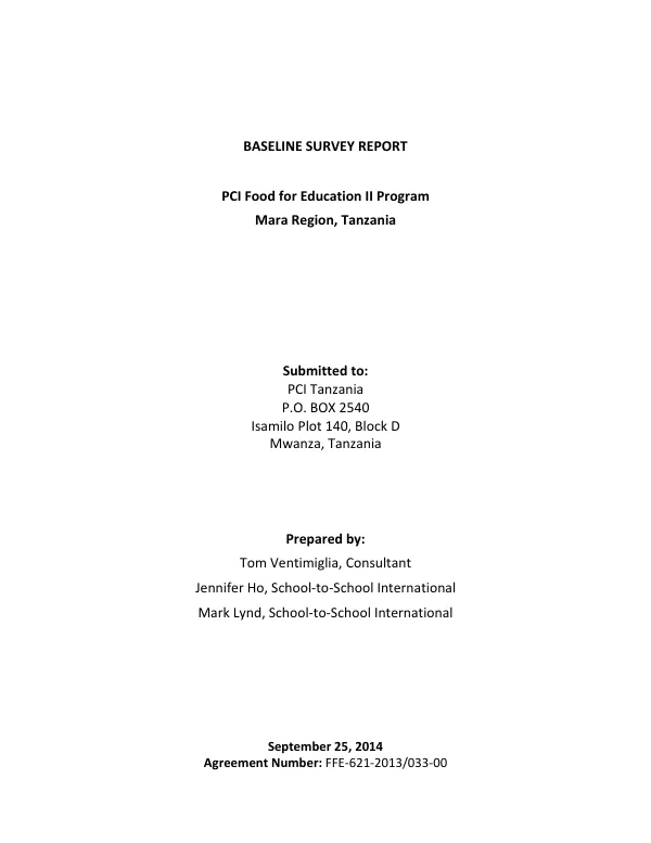 [FY 2013 McGovern-Dole project] Baseline survey report : PCI food for education II program [Tanzania]