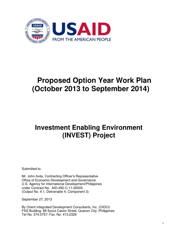 Proposed Option Year Work Plan (October 2013 to September 2014)