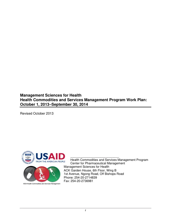 Management Sciences for Health Health Commodities and Services Management Program Work Plan: October 1, 2013–September 30, 2014