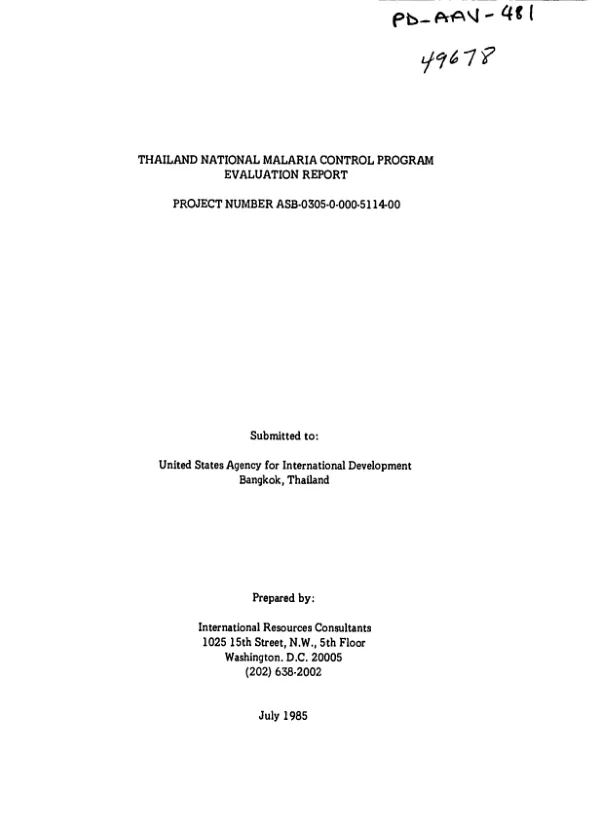 Thailand national malaria control program evaluation report