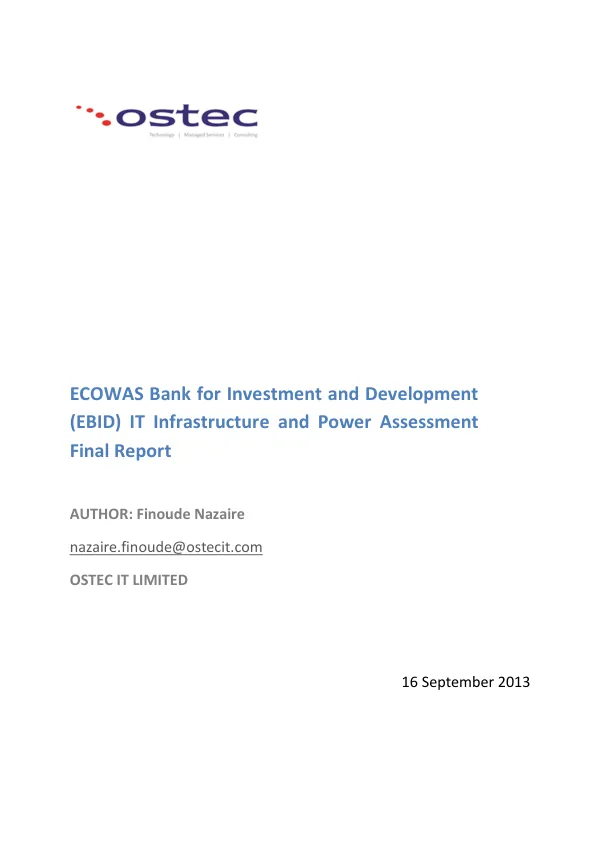 ECOWAS Bank for Investment and Development (EBID) IT Infrastructure and Power Assessment Final Report