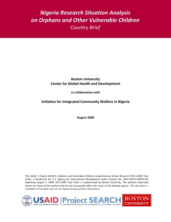 Nigeria research situation analysis on orphans and other vulnerable children : country brief
