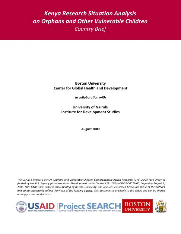 Kenya research situation analysis on orphans and other vulnerable children : country brief