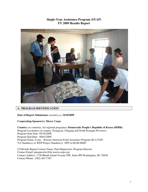 Single-year assistance program (SYAP) FY 2009 results report