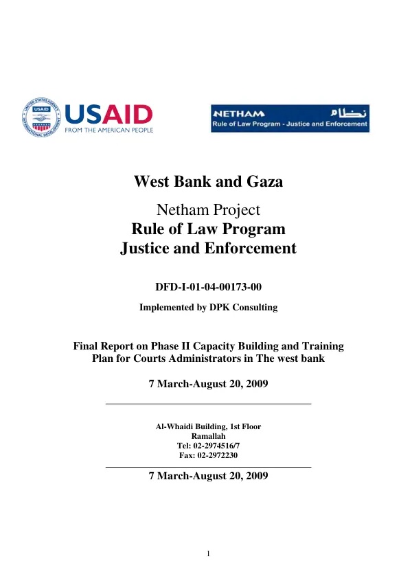 Final report on phase II capacity building and training plan for courts administrators in the West Bank, 7 March-August 20, 2009