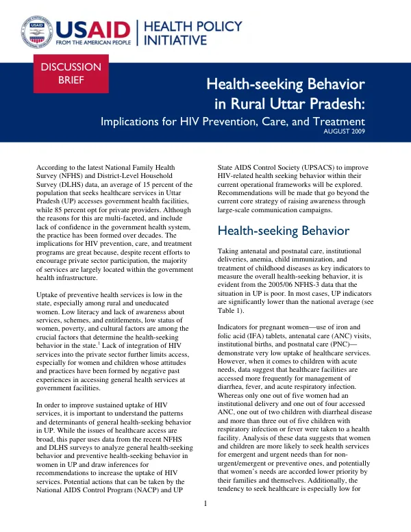 Health-seeking behavior in rural Uttar Pradesh : implications for HIV prevention, care, and treatment