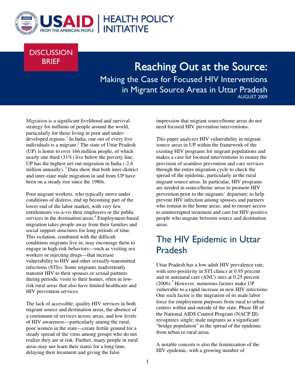 Reaching out at the source : making the case for focused HIV interventions in migrant source areas in Uttar Pradesh