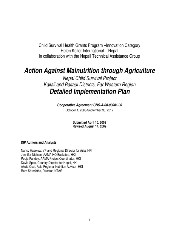 Action against malnutrition through agriculture : Nepal child survival project Kailali and Baitadi Districts, Far Western Region : detailed implementation plan
