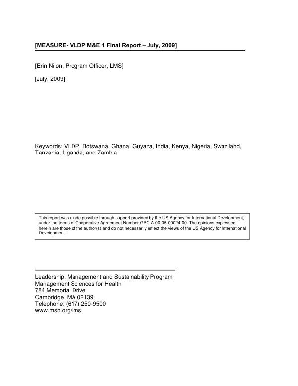 Final report : VLDP for HIV/AIDS organization Monitoring & Evaluation Teams in Anglophone countries, March 30-June 26, 2009