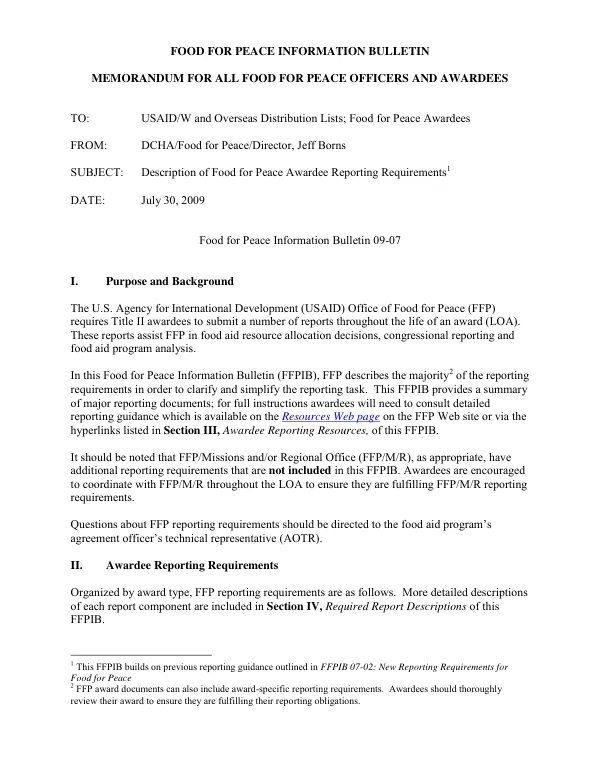 Description of Food for Peace awardee reporting requirements