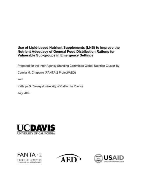 Use of lipid-based nutrient supplements (LNS) to improve the nutrient adequacy of general food distribution rations for vulnerable sub-groups in emergency settings