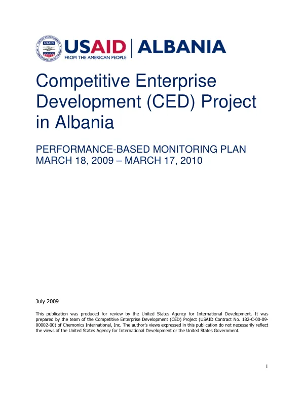 Competitive enterprise development (CED) project in Albania : performance-based monitoring plan, March 18-2209-March 17, 2010