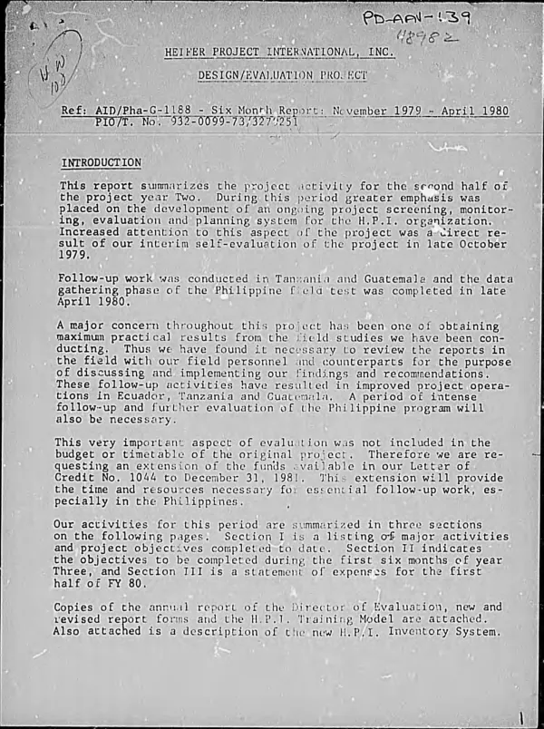 Heifer Project International, Inc., design/evaluation project, ref : AID/Pha-G-1188 -- six month report, November 1979-April 1980