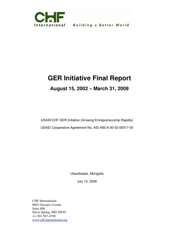 GER (growing entrepreneurship rapidly) initiative final report : August 15, 2002-March 31, 2009