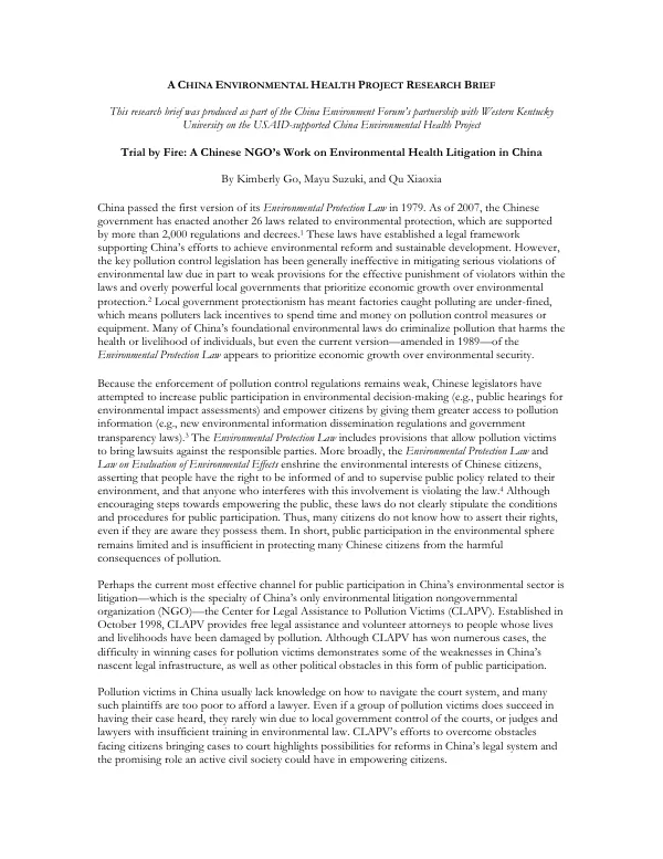 Trial by fire : a Chinese NGO"s work on environmental health litigation in China
