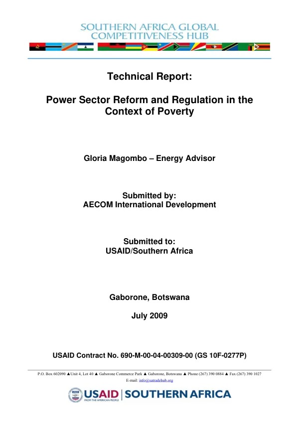 Technical report : power sector reform and regulation in the context of poverty