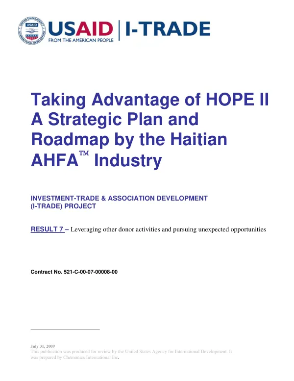 Taking advantage of HOPE II : a strategic plan and roadmap by the Haitian AHFA industry
