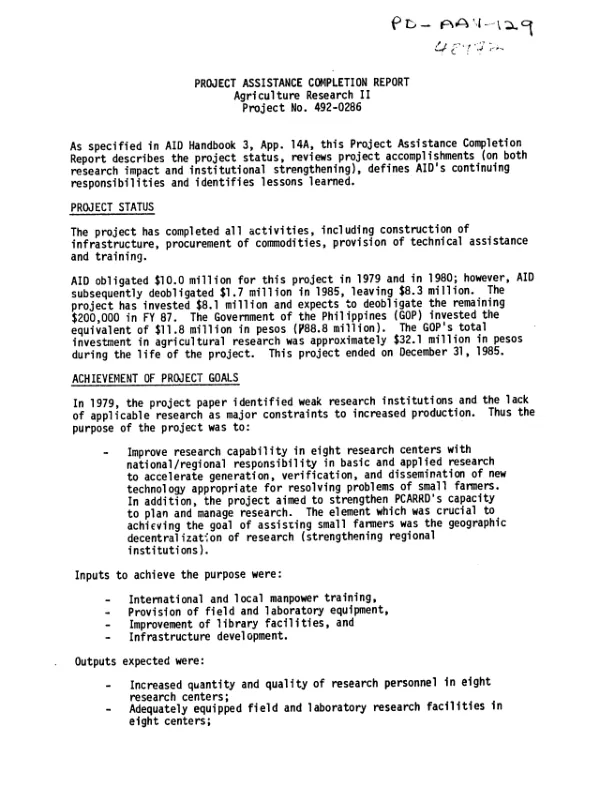Project assistance completion report : agriculture research II
