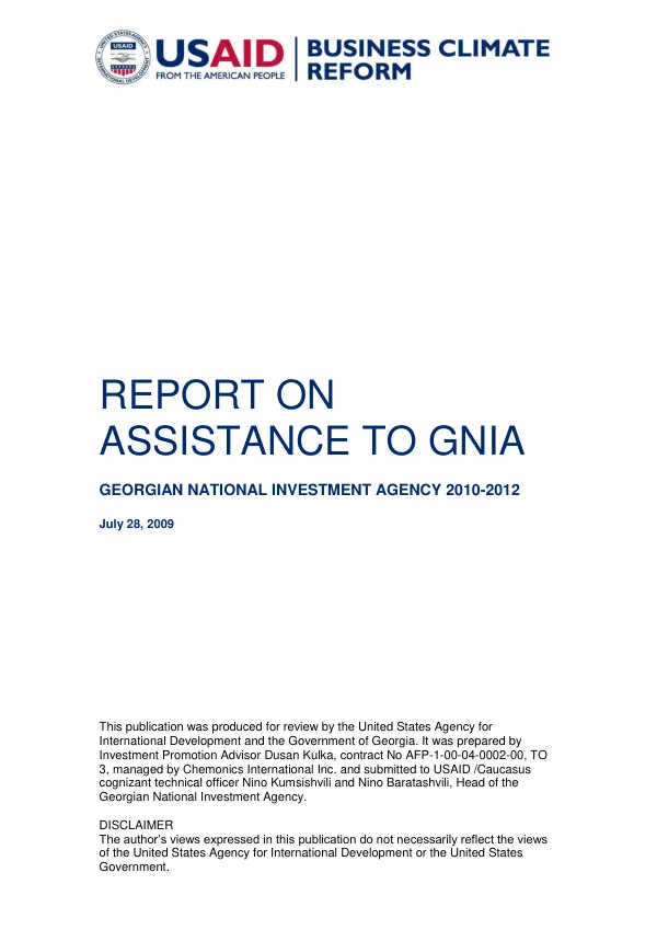 Report on assistance to GNIA : Georgian National Investment Agency 2010-2012