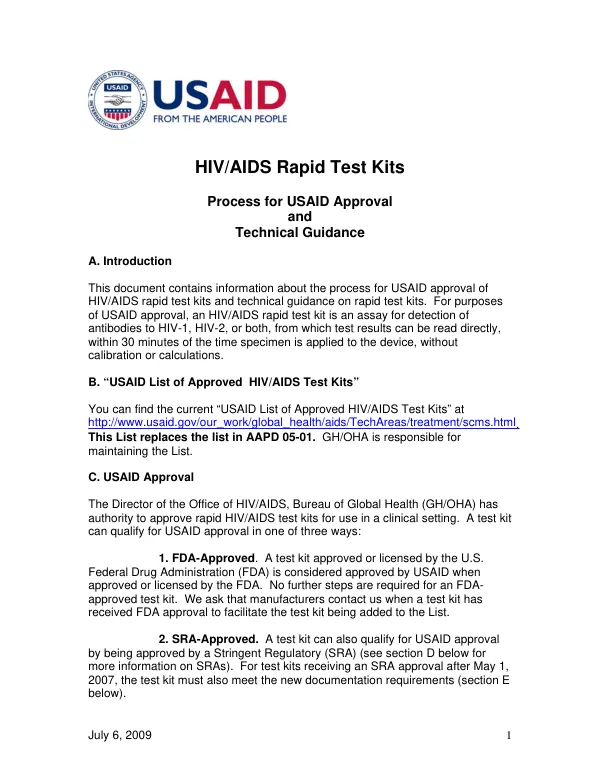 HIV/AIDS rapid test kits : process for USAID approval and technical guidance