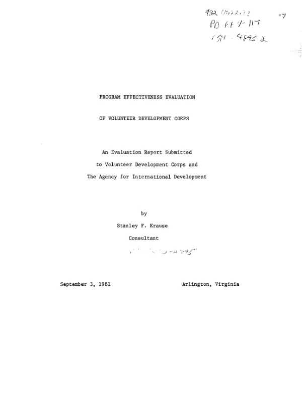 Program effectiveness evaluation of Volunteer Development Corps : an evaluation report submitted to Volunteer Development Corps and the Agency for International Development