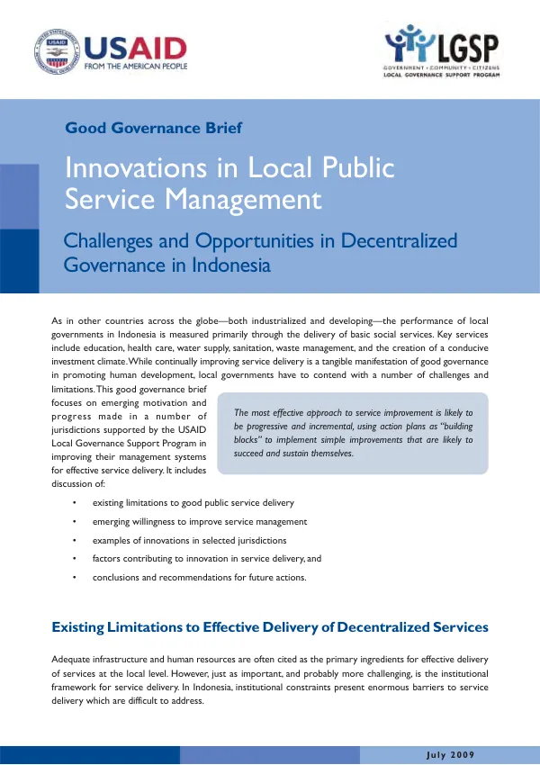 Innovations in local public service management : challenges and opportunities in decentralized governance in Indonesia