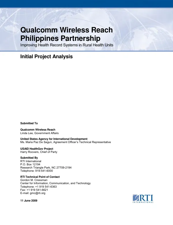 Qualcomm wireless reach Philippines partnership : improving health record systems i rural health units -- initial project analysis