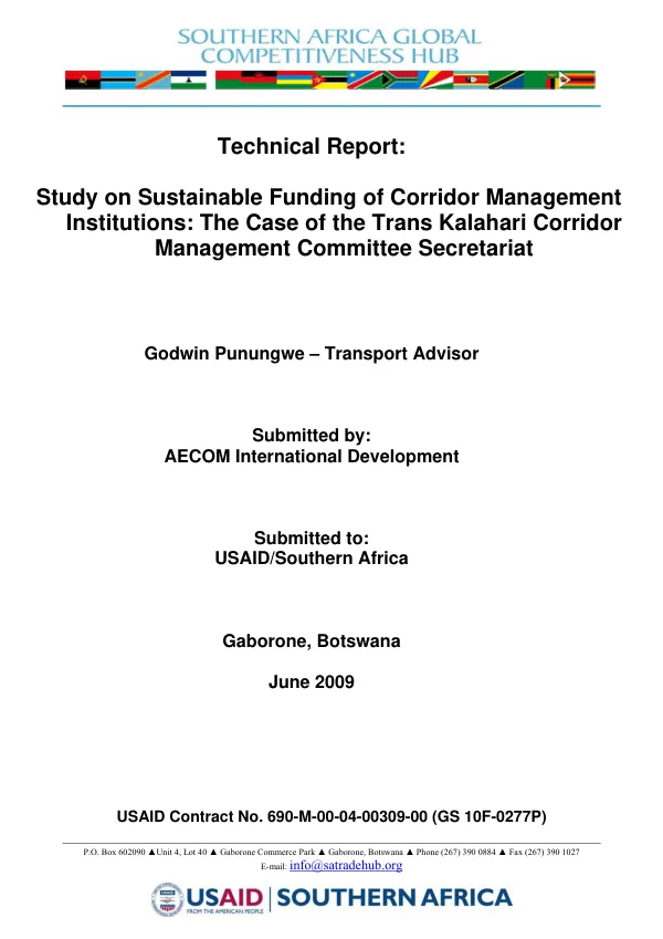 Technical report : study on sustainable funding of corridor management institutions : the case of the Trans Kalahari Corridor Management Committee Secretariat