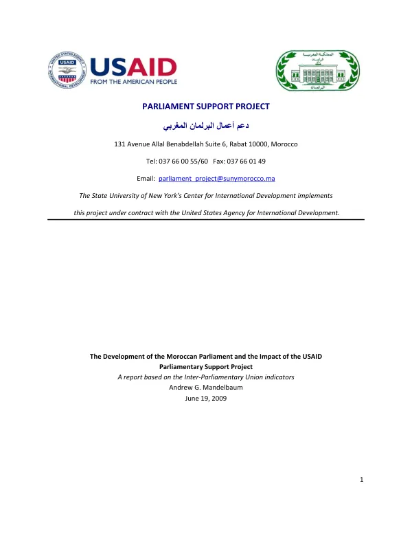 The development of the Moroccan Parliament and the impact of the USAID parliamentary support project : a report based on the Inter-Parliamentary Union indicators
