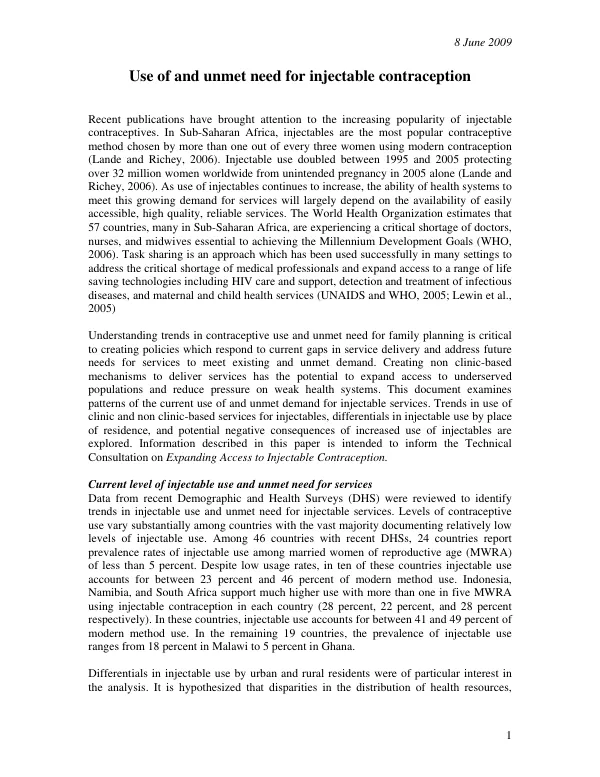Use of and unmet need for injectable contraception
