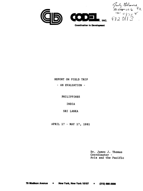 Report on field trip : an evaluation, Philippines, India, Sri Lanka, April 17-May 17, 1981