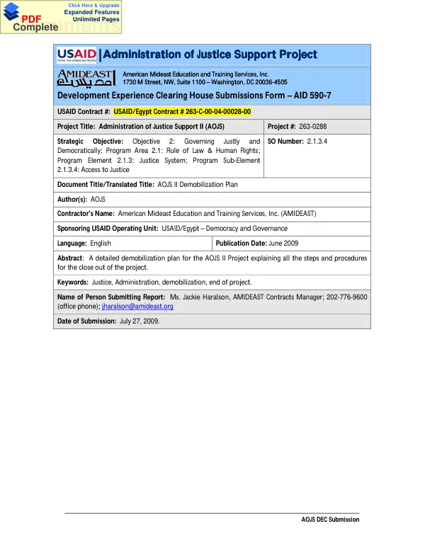 AOJS II demobilization plan