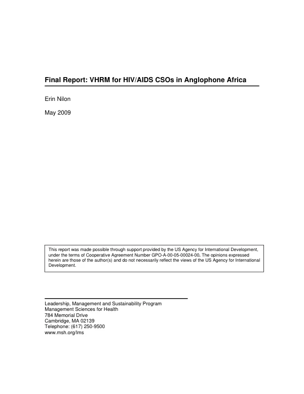 Final report : VHRM program for HR teams in government and civil society organizations working in HIV/AIDS in Angolphone Africa, October 27-December 19, 2008