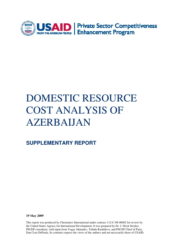 Private sector competitiveness enhancement program : domestic resource cost analysis of Azerbaijan : supplementary report