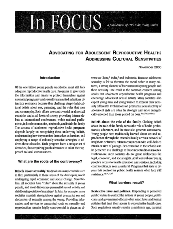 Advocating for adolescent reproductive health ; addressing cultural sensitivities