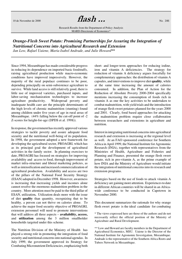 Orange-flesh sweet potato : promising partnerships for assuring the integration of nutritional concerns into agricultural research and extension