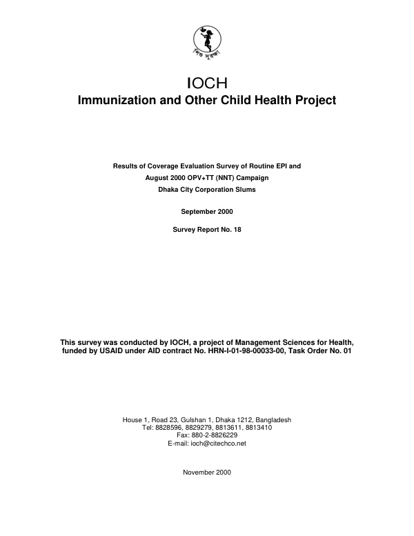 Results of coverage evaluation survey of routine EPI and August 2000 OPV+TT (NNT) campaign : Dhaka City Corporation slums, September 2000