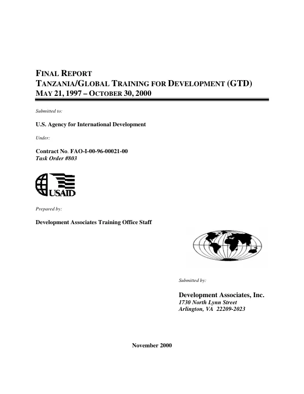 Final report : Tanzania/global training for development (GTD) : May 21, 1997-October 30, 2000