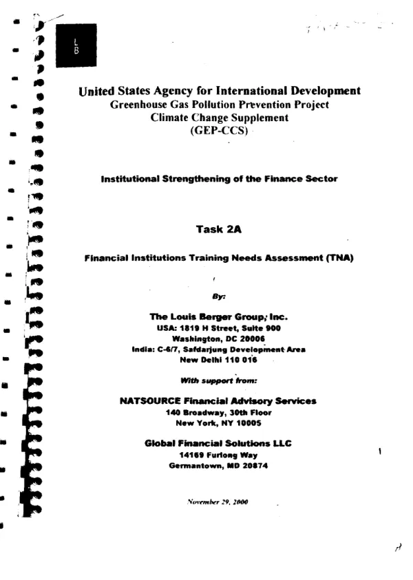 Greenhouse gas pollution prevention project : climate change supplement (GEP-CCS) -- institutional strengthening of the finance sector : task 2A -- financial institutions training needs assessment (TNA)