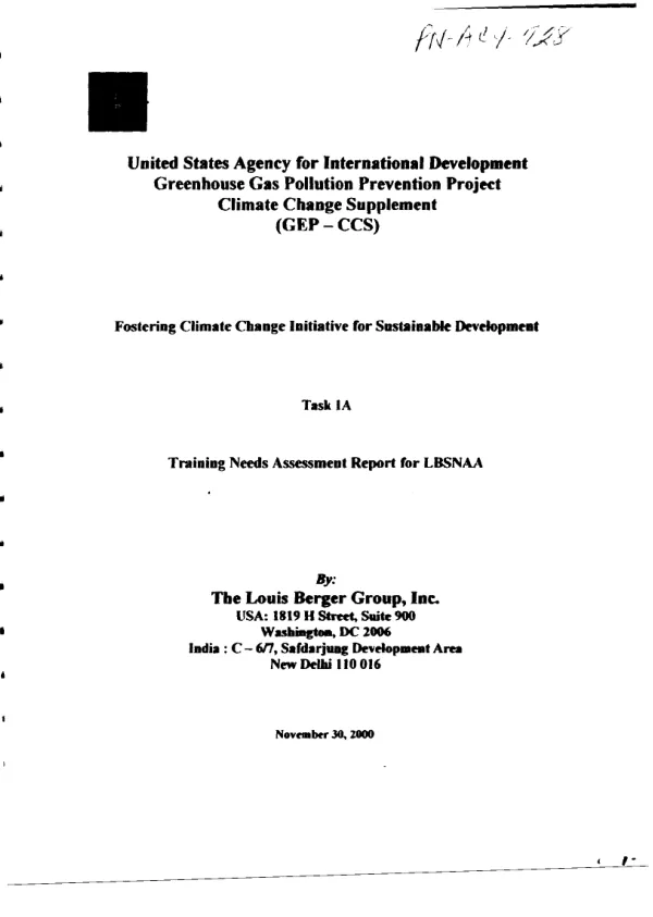 Greenhouse gas pollution prevention project : climate change supplement (GEP-CCS) -- fostering climate change initiative[s] for sustainable development : task 1A -- training needs assessment report for LBSNAA (Lal Bahadur Shastri National Academy of Administration)