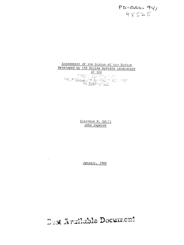 Assessment of the status of the system developed by the marine systems laboratory of the Smithsonian Institute for raising the Caribbean king crab by mariculture