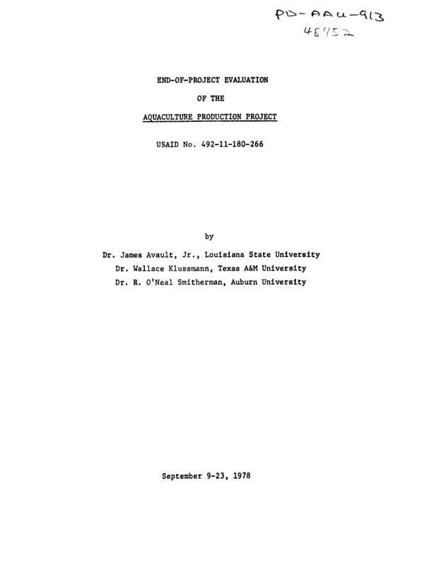 End-of-project evaluation of the aquaculture production project, USAID no. 492-11-180-266