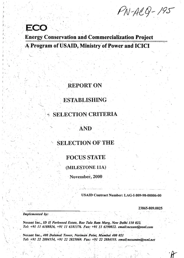 Report on establishing selection criteria and selection of the focus state