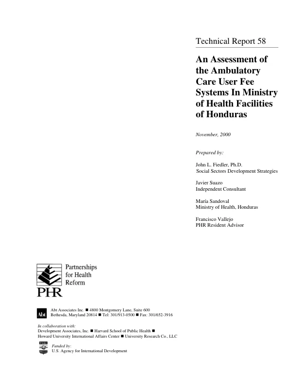 Assessment of the ambulatory care user fee systems in Ministry of Health Facilities of Honduras